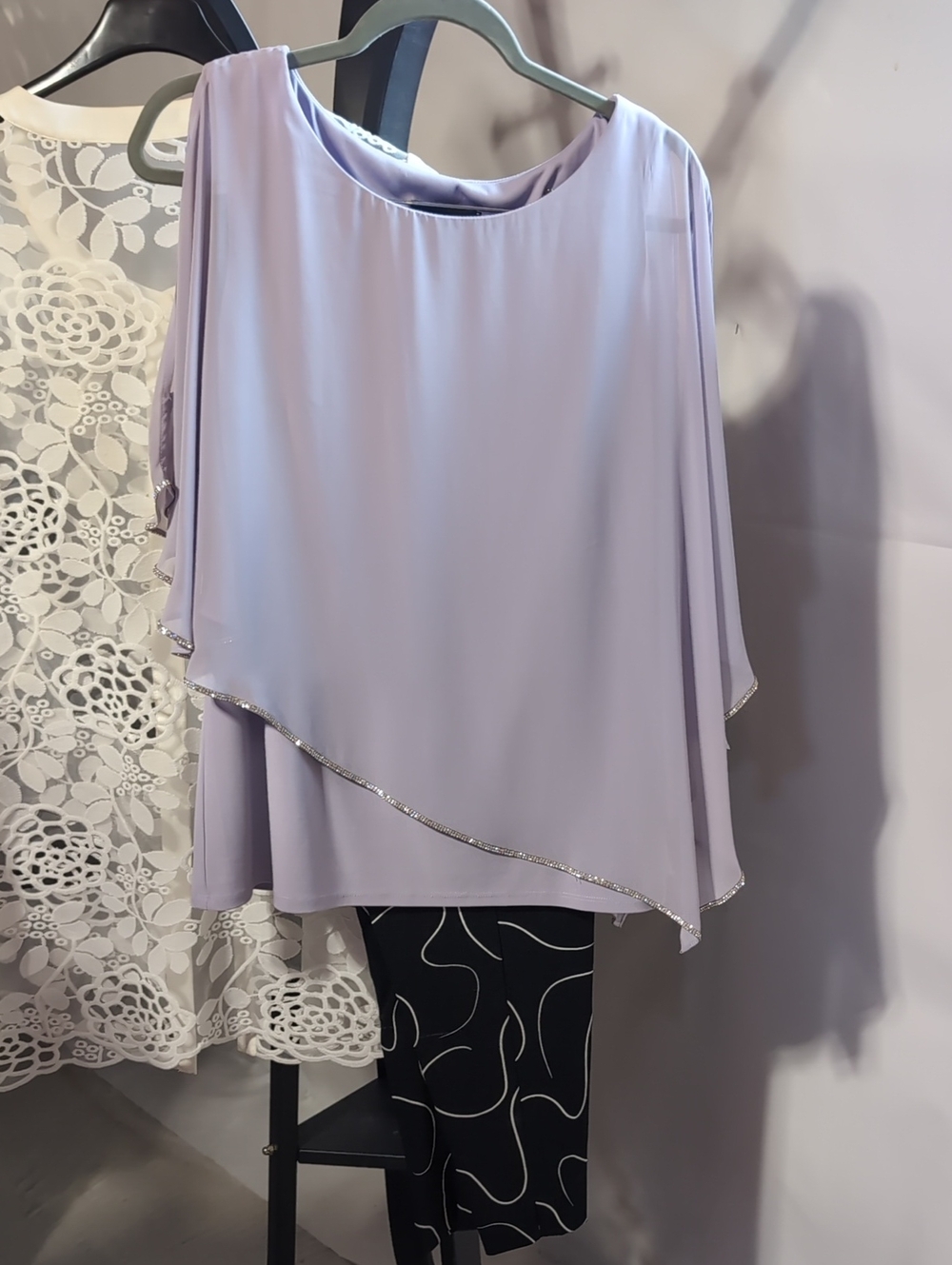 Lavender Layered Women's Top with Silver Trim And Pants - 2 Piece Size 14